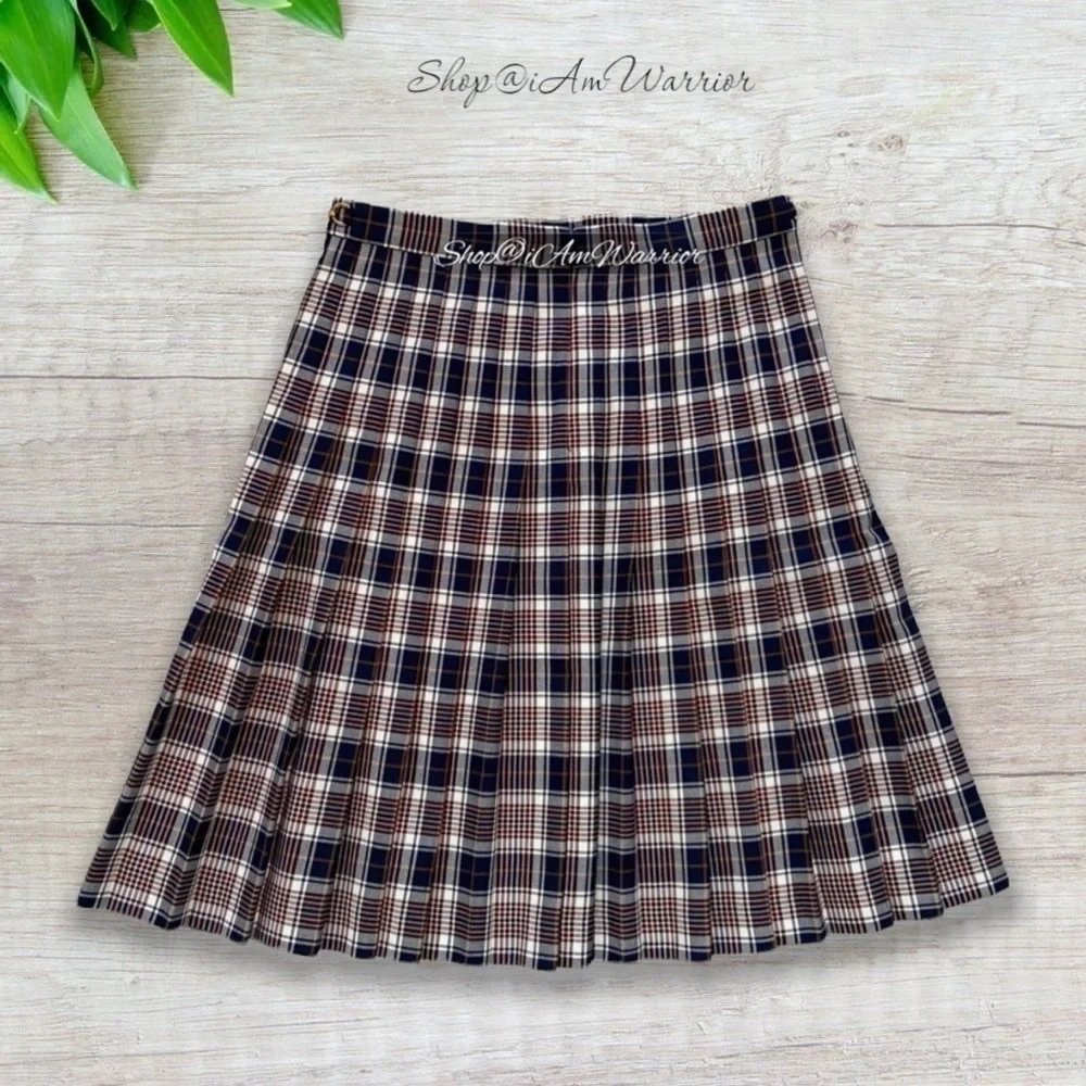 Tory Burch pleated navy, ivory & burgundy plaid skirt shop@iamwarrior